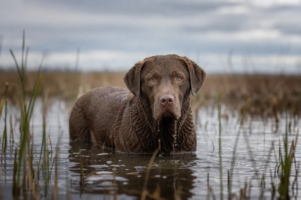 Chesapeake Bay Retriever brun dans une zone humide, illustration de race