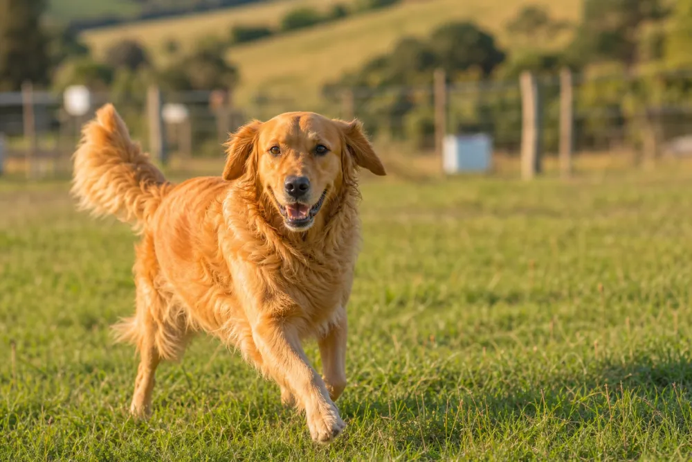Golden Retriever avançant dans une prairie, illustration de race