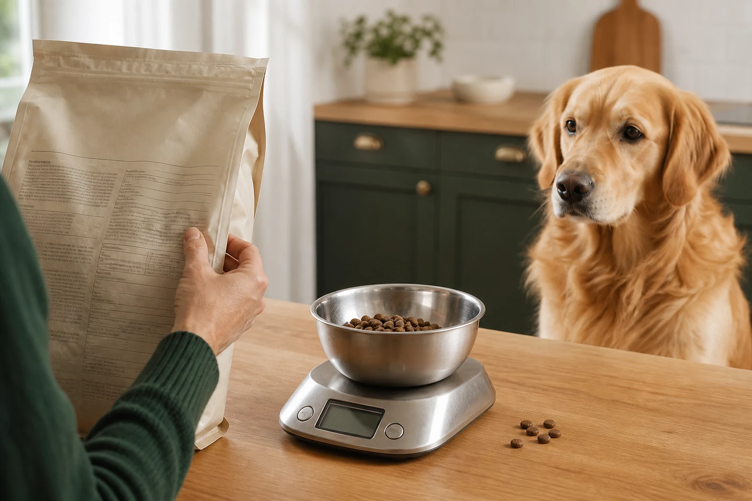 Illustration d’une personne lisant l’étiquette d’un sac d’aliment devant un retriever et une gamelle pesée