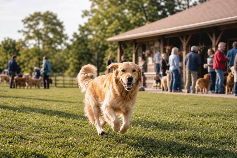 Retriever courant dans une lumière estivale, illustration éditoriale d'une séance photo extérieure
