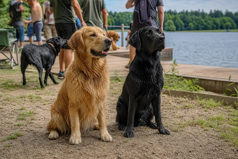 Illustration d’un retriever doré et d’un retriever noir assis près d’un plan d’eau