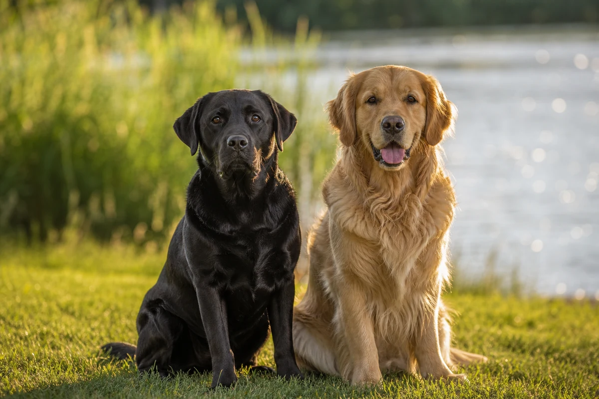Labrador noir et Golden Retriever assis au bord de l'eau, illustration comparative