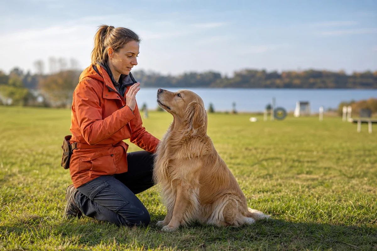 Personne et Golden Retriever travaillant calmement en extérieur, illustration générique